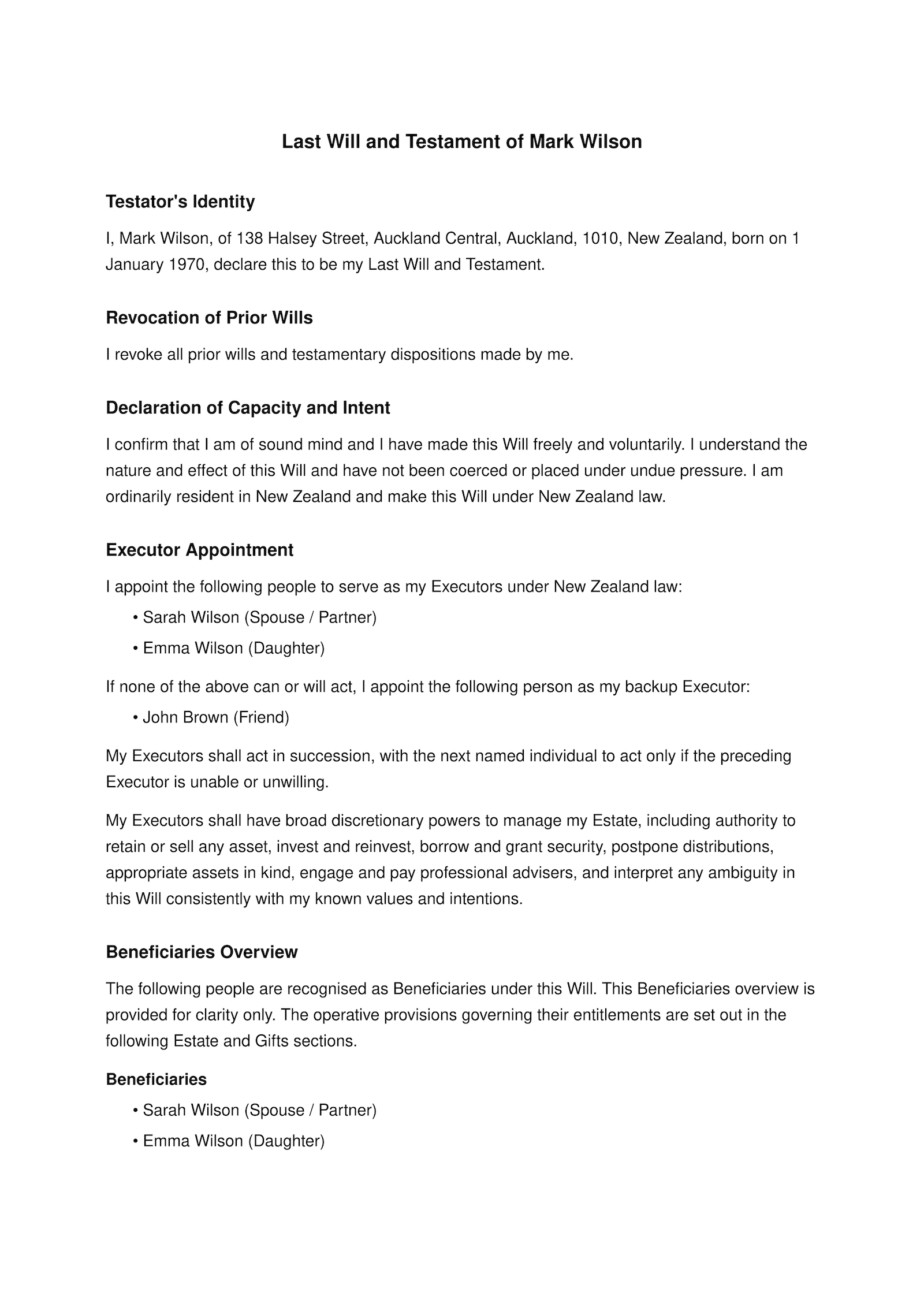 First page of an example New Zealand will