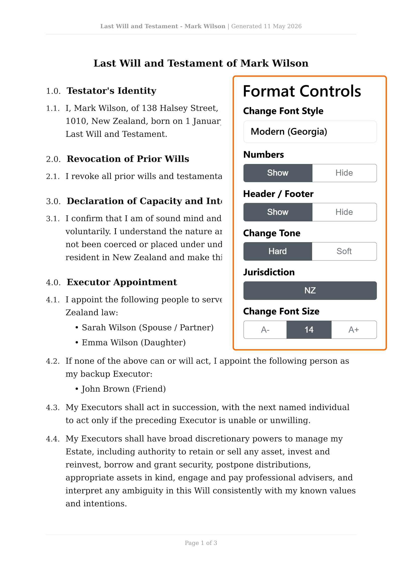 Formatting controls for changing the font, headers, footers, clause numbers and tone of a Will